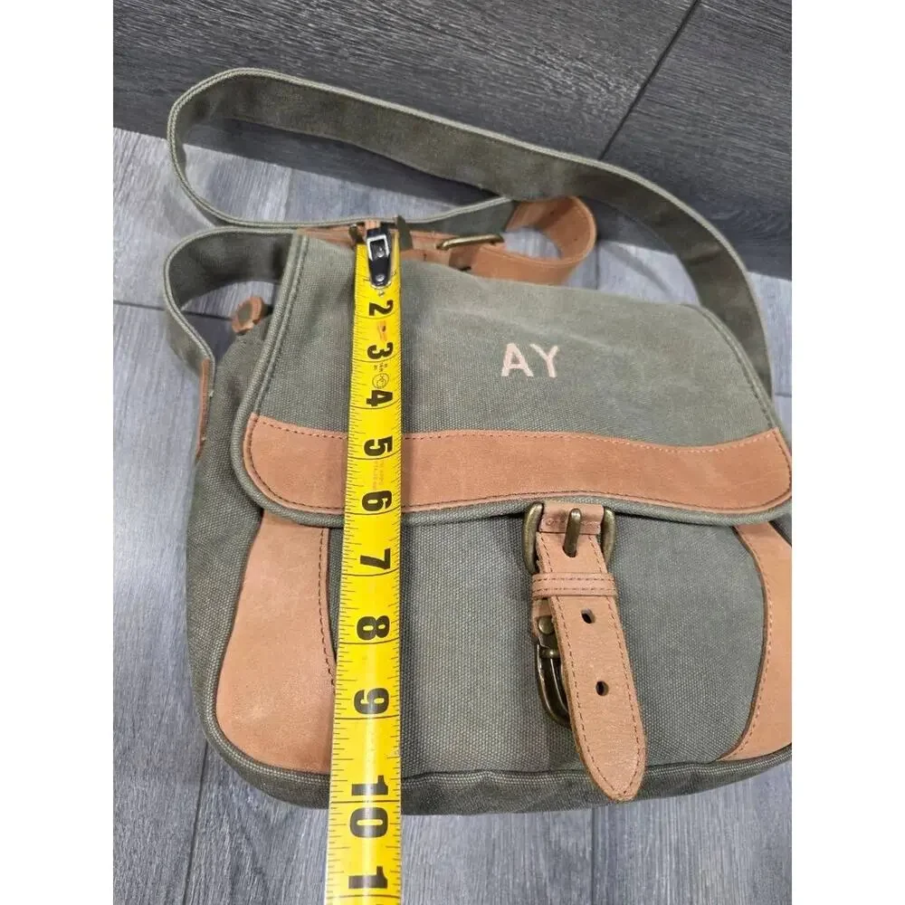 LL Bean Leather Canvas Crossbody Messenger Bag Olive Green Flap Utility B000759
